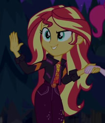 Size: 827x968 | Tagged: safe, derpibooru import, screencap, pinkie pie, sunset shimmer, better together, equestria girls, sunset's backstage pass!, cropped, night, offscreen character, solo focus