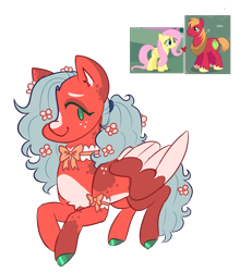 Size: 1160x1254 | Tagged: safe, artist:snansswap, derpibooru import, big macintosh, fluttershy, oc, earth pony, pegasus, pony, blaze (coat marking), bow, coat markings, colored hooves, colored wings, colored wingtips, facial markings, female, flower, flower in hair, fluttermac, freckles, hair over one eye, heart, male, mare, offspring, pale belly, parent:big macintosh, parent:fluttershy, parents:fluttermac, pegasus oc, screencap reference, shipping, simple background, smiling, stallion, straight, transparent background, wings