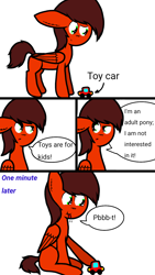 Size: 720x1280 | Tagged: safe, artist:thunderrainbowshadow, derpibooru import, oc, oc only, oc:midnight, pegasus, pony, male, simple background, solo, stallion, toy car, traditional art, white background