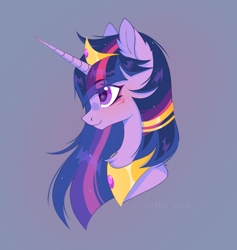 Size: 1498x1578 | Tagged: safe, artist:belkaart0w0, derpibooru import, princess twilight 2.0, twilight sparkle, twilight sparkle (alicorn), alicorn, pony, the last problem, blue background, blushing, bust, chest fluff, crown, ear fluff, ears, female, jewelry, mare, older, older twilight, regalia, simple background, solo