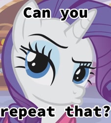 Size: 1170x1293 | Tagged: safe, derpibooru import, edit, edited screencap, screencap, rarity, pony, unicorn, season 1, suited for success, caption, cropped, duckface, eyebrows, female, image macro, looking at you, mare, meme, pouting, raised eyebrow, solo, text