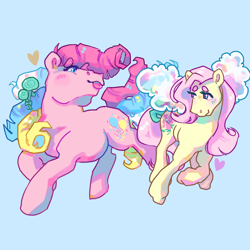 Size: 2048x2048 | Tagged: safe, artist:poniesart, derpibooru import, fluttershy, pinkie pie, earth pony, flutter pony, pony, g1, g4, alternate design, alternate hairstyle, blue background, duo, g4 to g1, generation leap, heart, long description, redesign, simple background