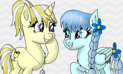 Size: 1024x615 | Tagged: safe, artist:misseljebel, derpibooru import, oc, oc only, oc:colada, oc:frosty twine, pegasus, unicorn