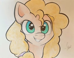 Size: 1857x1448 | Tagged: safe, artist:engi, derpibooru import, pear butter, earth pony, pony, cute, female, looking at you, mixed media, simple background, smiling, solo, traditional art