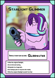 Size: 750x1050 | Tagged: safe, artist:josephthedumbimpostor, derpibooru import, starlight glimmer, among us, friday night funkin', gun, trading card, weapon