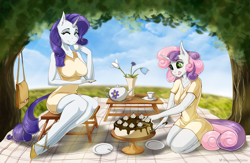 Size: 1533x1000 | Tagged: safe, artist:shamziwhite, derpibooru import, rarity, sweetie belle, anthro, unguligrade anthro, unicorn, cake, clothes, dress, duo, eyes closed, female, food, kneeling, licking, licking lips, long hair, looking at something, mare, older, older sweetie belle, picnic, siblings, sisters, sitting, smiling, summer, tea, tongue, tongue out