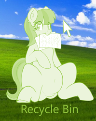 Size: 2808x3536 | Tagged: safe, alternate version, artist:czu, derpibooru import, oc, oc only, oc:lemon drop, earth pony, belly, belly button, bliss xp, chubby, commissioner:lemondrop, female, looking at you, microsoft, microsoft windows, mouse cursor, paper, recycle bin, solo, solo female, windows xp