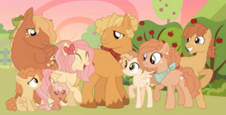 Size: 2169x1100 | Tagged: safe, artist:disasterisk, derpibooru exclusive, derpibooru import, applejack, fluttershy, oc, oc:apple bud, oc:bumblesweet, oc:butterscotch, oc:dandelion, oc:hibiscus, oc:honeycomb, appleshy, family photo, female, lesbian, magical lesbian spawn, offspring, parent:applejack, parent:fluttershy, parents:appleshy, shipping, unshorn fetlocks