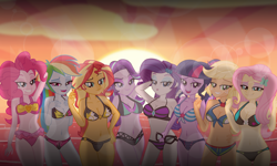 Size: 2000x1200 | Tagged: safe, artist:charliexe-edits, artist:emeraldblast63, artist:theretroart88, derpibooru import, edit, applejack, fluttershy, pinkie pie, rainbow dash, rarity, sci-twi, starlight glimmer, sunset shimmer, twilight sparkle, human, equestria girls, adorasexy, amazing, barefoot, beach, belly button, bikini, breasts, butterfly hairpin, clothes, cute, epic, female, glasses, heaven, humane five, humane seven, humane six, looking at you, sexy, smiling, smiling at you, sunset, swimsuit