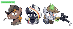 Size: 2750x1100 | Tagged: safe, artist:php104, derpibooru import, oc, oc only, oc:calamity, oc:littlepip, oc:velvet remedy, pegasus, pony, unicorn, fallout equestria, bust, fallout, furious, gun, handgun, hat, little macintosh, portrait, revolver, simple background, text, weapon