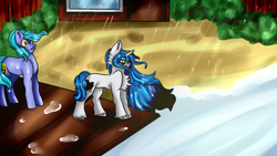 Size: 1920x1080 | Tagged: safe, artist:deadsmoke, derpibooru import, oc, oc:kate sanders, oc:snowflake white, bridge, bush, house, long hair, nature, rain, river, scar, tree, water, wet, wet mane