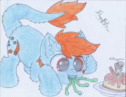 Size: 2205x1700 | Tagged: safe, artist:fliegerfausttop47, derpibooru import, oc, oc only, oc:fizark catto, food pony, monster pony, original species, pony, tatzlpony, arm fluff, behind you, blue coat, brown eyes, butt fluff, cheek fluff, cursive writing, cute, drool, ear fluff, ears, elbow fluff, eyes on the prize, flan, fluffy, food, happy, hoof fluff, impending doom, innocent, leg fluff, looking at someone, looking at something, naive, oblivious, ocbetes, oh no, open mouth, orange mane, orange tail, pencil drawing, plate, ponified, pudding, shoulder fluff, signature, simple background, smiling, species swap, tail, tail fluff, tentacle tongue, tentacles, traditional art, white background