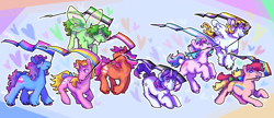 Size: 2048x888 | Tagged: safe, artist:poniesart, derpibooru import, bangles (g1), brightglow, glory, salty (g1), surprise, earth pony, flutter pony, pegasus, pony, unicorn, g1, aromantic, aromantic pride flag, asexual, asexual pride flag, bisexual, bisexual pride flag, bisexuality, bow, cool breeze, crunch berry, female, heart, holding a flag, lesbian, lesbian pride flag, missing horn, nonbinary, nonbinary pride flag, pansexual, pansexual pride flag, pride, pride flag, rainbow curl stripes, rainbow flag, tail, tail bow, transgender, transgender pride flag