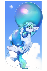 Size: 2315x3500 | Tagged: safe, artist:mithriss, derpibooru import, oc, oc only, oc:siriusnavigator, pegasus, pony, balloon, cloud, commission, digital art, eyes closed, folded wings, highlights, hug, male, sky, smiling, solo, stallion, wings