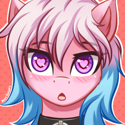 Size: 2000x2000 | Tagged: safe, artist:asetsotory, derpibooru import, oc, oc only, pony, blue mane, blushing, bust, choker, collar, female, heart, heart eyes, looking at you, mare, oc name needed, open mouth, patterned background, pink mane, portrait, purple eyes, solo, white outline, wingding eyes