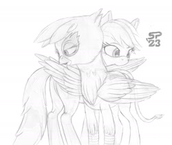 Size: 2000x1682 | Tagged: safe, artist:styroponyworks, derpibooru import, gilda, rainbow dash, griffon, pony, butt, female, gildash, grooming, lesbian, plot, preening, shipping, sketch, wings