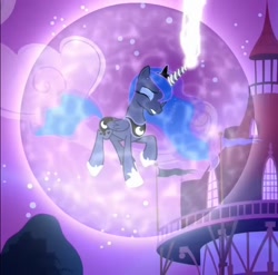 Size: 728x720 | Tagged: safe, derpibooru import, screencap, princess luna, alicorn, pony, do princesses dream of magic sheep, blade runner, female, magic bubble, needs more jpeg, night, ponyville, sky, stars