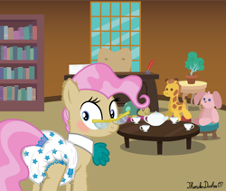 Size: 1280x1080 | Tagged: safe, artist:thunderdasher07, derpibooru import, mayor mare, earth pony, giraffe, pony, rabbit, turtle, abdl, adult foal, animal, blushing, book, bookshelf, butt, butt focus, caught, chair, cup, desk, diaper, diaper butt, diaper fetish, ear fluff, ears, female, fetish, glasses, hoof fluff, inkwell, leg fluff, looking back, mare, neck fluff, non-baby in diaper, non-dyed mayor, office, paper, pink mane, pinpoint eyes, plot, plushie, poofy diaper, potted plant, quill, solo, stool, table, tea party, teacup, teapot, wide eyes, window
