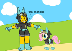 Size: 2808x1999 | Tagged: safe, artist:haileykitty69, derpibooru import, fluttershy, human, pegasus, pony, clothes, costume, crossover, crossover shipping, dangerous mission outfit, eyes closed, fluttermour, goggles, hoodie, interspecies, matching outfits, seymour skinner, shipping, smiling, the simpsons