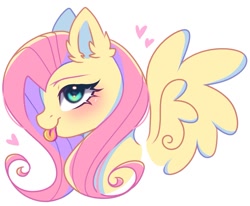 Size: 1335x1099 | Tagged: safe, artist:freyamilk, derpibooru import, fluttershy, pegasus, pony, blushing, cute, female, floating heart, heart, looking at you, mare, profile, shyabetes, simple background, smiling, smiling at you, solo, spread wings, tongue, tongue out, white background, wings