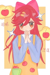 Size: 866x1301 | Tagged: safe, artist:xinjinjumin1204616, derpibooru import, apple bloom, human, apple, apron, chinese, clothes, crying, cute, food, humanized, looking at you, solo, sparkles, text