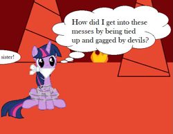 Size: 595x464 | Tagged: artist needed, source needed, safe, derpibooru import, twilight sparkle, pony, unicorn, 1000 hours in ms paint, bondage, chains, cloth gag, gag, thought bubble