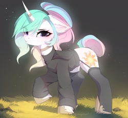 Size: 2387x2200 | Tagged: safe, artist:magnaluna, derpibooru import, princess celestia, pony, unicorn, alternate hairstyle, choker, clothes, ear fluff, ears, eye clipping through hair, eyebrows, eyebrows visible through hair, female, frown, garter straps, high res, hoodie, hoof shoes, horn, horn ring, looking at you, mare, ponytail, race swap, raised hoof, raised leg, solo, stockings, tail bun, unicorn celestia