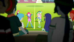 Size: 1920x1080 | Tagged: safe, derpibooru import, screencap, fluttershy, pinkie pie, rainbow dash, eqg summertime shorts, equestria girls, steps of pep, cheering, fluttershy's boots, football, pinkie pie's boots, sports, wondercolts uniform