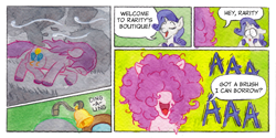 Size: 1192x598 | Tagged: safe, artist:lost marbles, derpibooru import, pinkie pie, rarity, earth pony, pony, unicorn, bell, comic, dialogue, door, frizzy hair, hair over eyes, open mouth, open smile, smiling, traditional art, wind