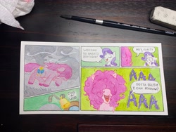 Size: 4032x3024 | Tagged: safe, artist:lost marbles, derpibooru import, pinkie pie, rarity, earth pony, pony, unicorn, comic, dialogue, frizzy hair, mixed media, traditional art, wind