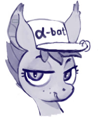 Size: 578x702 | Tagged: safe, artist:ponsce, derpibooru import, bat pony, alpha, grayscale, hat, monochrome, simple background, solo, white background