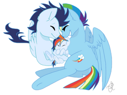 Size: 1024x768 | Tagged: safe, artist:ilaria122, derpibooru import, rainbow dash, soarin', oc, oc:sky, pegasus, pony, baby, baby pony, eyes closed, female, filly, foal, happy, lying down, male, mare, momma dash, offspring, parent:rainbow dash, parent:soarin', parents:soarindash, shipping, simple background, soarindash, stallion, straight, transparent background, vector