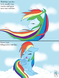 Size: 768x1024 | Tagged: safe, artist:ilaria122, derpibooru import, rainbow dash, human, pegasus, pony, equestria girls, cloud, comic, female, human ponidox, implied shipping, implied soarin', implied soarindash, implied straight, mare, self paradox, self ponidox, talking