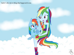 Size: 1024x768 | Tagged: safe, artist:ilaria122, derpibooru import, rainbow dash, human, pegasus, pony, equestria girls, cloud, female, human ponidox, implied shipping, implied soarin', implied soarindash, implied straight, mare, self paradox, self ponidox, talking