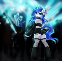 Size: 2800x2755 | Tagged: safe, artist:in4ri_, derpibooru import, coloratura, oc, oc:mind, semi-anthro, bipedal, breasts, butt, choker, clothes, concert, countess coloratura, ear piercing, fishnet stockings, looking at you, makeup, miniskirt, piercing, plot, skirt, tattoo