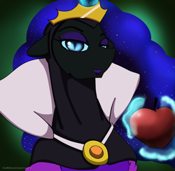 Size: 2050x2000 | Tagged: safe, artist:ruanshi, derpibooru import, nightmare moon, pony, apple, clothes, cosplay, costume, evil queen, female, food, high res, mare, solo