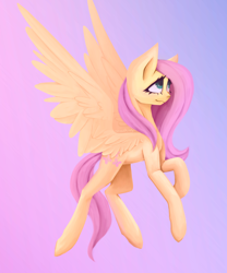 Size: 2500x3000 | Tagged: safe, artist:anastas, derpibooru import, fluttershy, pegasus, pony, big ears, big eyes, blushing, cute, ears, female, flying, full body, gradient background, looking up, mare, pink mane, pink tail, raised hoof, raised leg, shyabetes, side view, smiling, solo, spread wings, sternocleidomastoid, tail, wings, yellow coat