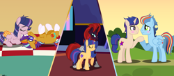 Size: 3950x1740 | Tagged: safe, artist:twinklesentrymlp0809, derpibooru import, oc, oc only, oc:blue skies, oc:flashlight sparkle, oc:galactic sentry, oc:hurricane, oc:space light, oc:sunrise dust, pegasus, pony, unicorn, base used, blushing, female, gay, group, holding hooves, kissing, male, mare, offspring, parent:flash sentry, parent:rainbow dash, parent:soarin', parent:starlight glimmer, parent:sunburst, parent:tempest shadow, parent:twilight sparkle, parents:flashlight, parents:soarindash, parents:starburst, shipping, stallion, straight