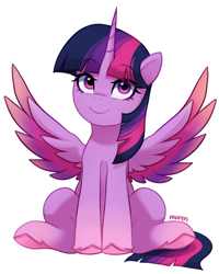 Size: 1986x2479 | Tagged: safe, artist:maren, derpibooru import, twilight sparkle, twilight sparkle (alicorn), alicorn, pony, female, looking at you, mare, simple background, sitting, smiling, smiling at you, solo, spread wings, white background, wings