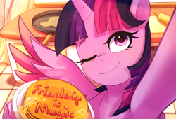 Size: 1985x1348 | Tagged: safe, artist:maren, derpibooru import, twilight sparkle, twilight sparkle (alicorn), alicorn, pony, armpits, eyebrows, eyebrows visible through hair, eyelashes, food, leg hold, looking at you, one eye closed, one wing out, pancakes, selfie, signature, solo, spread wings, wings, wink, winking at you