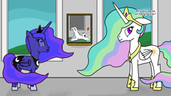 Size: 1920x1080 | Tagged: safe, artist:auro, derpibooru import, princess celestia, princess luna, alicorn, pony, annoyed, cake, cakelestia, castle, defenestration, duo, falling, food, laughing, lying down, magic, painting, telekinesis, text, window