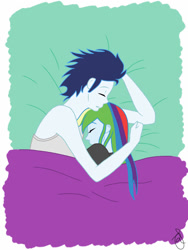 Size: 750x1000 | Tagged: safe, artist:ilaria122, derpibooru import, rainbow dash, soarin', human, equestria girls, bed, female, male, shipping, sleeping, soarindash, straight