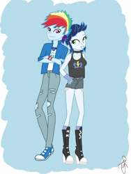 Size: 768x1024 | Tagged: safe, artist:ilaria122, derpibooru import, glide, rainbow blitz, rainbow dash, soarin', human, equestria girls, female, glideblitz, male, rule 63, shipping, soarindash, straight