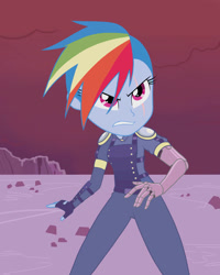 Size: 827x1035 | Tagged: safe, artist:nightglowfan, derpibooru import, rainbow dash, human, equestria girls, alternate timeline, apocalypse dash, crystal war timeline, equestria girls interpretation, female, scene interpretation