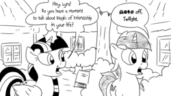 Size: 1200x675 | Tagged: safe, artist:pony-berserker, derpibooru import, lyra heartstrings, twilight sparkle, twilight sparkle (alicorn), alicorn, black and white, book, censored, censored vulgarity, evangelism, grayscale, magic, monochrome, ponyville, speech bubble, telekinesis, that pony sure does love friendship