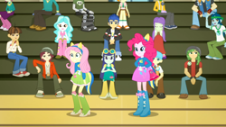 Size: 1920x1080 | Tagged: safe, derpibooru import, screencap, blueberry cake, flash sentry, fluttershy, pinkie pie, eqg summertime shorts, equestria girls, steps of pep, blueberry cake's boots, boots, fluttershy's boots, gym, hand on hip, megaphone, pinkie pie's boots, shocked, shocked expression, shoes