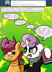 Size: 800x1100 | Tagged: safe, artist:putuk, derpibooru import, scootaloo, pony, robot, robot pony, unicorn, ask, duo, meanie belle, scootabot, tumblr