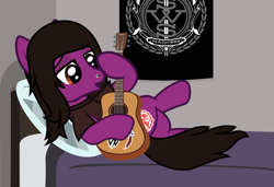 Size: 1753x1202 | Tagged: safe, artist:lightningbolt, derpibooru exclusive, derpibooru import, pegasus, pony, .svg available, acoustic guitar, bed, clothes, crossed legs, folded wings, guitar, hoof hold, indoors, lidded eyes, lying down, male, musical instrument, nose piercing, on back, pierce the veil, piercing, ponified, shirt, show accurate, solo, species swap, stallion, svg, t-shirt, vector, vic fuentes, wings