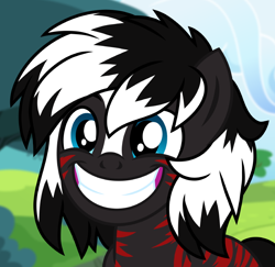 Size: 700x679 | Tagged: safe, artist:jennieoo, derpibooru import, oc, oc:xaeven, zebra, avatar, blurry background, bust, commission, forest, happy, icon, portrait, show accurate, smiling, solo, vector, wide smile