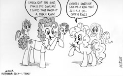 Size: 1491x923 | Tagged: safe, artist:kturtle, derpibooru import, cheese sandwich, fluttershy, pinkie pie, rarity, twilight sparkle, inktober, inktober 2019, jewelry, monochrome, ring